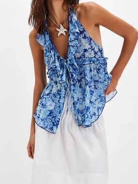 NWT SOLD OUT Free People Blue Floral Ruffle Halter Tie-Front Top Sz Lg